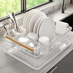 Navaris Dish Drainer Rack - Plate, Cutlery, Pots and Pans Drying Rack for Kitchen with Beechwood Handles - Modern Retro Design Drip Tray - White