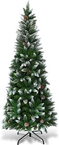COSTWAY 5FT/6FT/7.5FT Artificial Christmas Tree, Snow Flocked Pencil Trees with Pine Cones and Metal Stand, for Xmas Indoor Décor