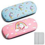 Nezyo Unicorn Glasses Case, 2 Pack Hard Shell Clamshell Eyeglasses Case with Rainbow & Animal Pattern, 2 Pcs Lens Cleaning Cloth for Glasses Protection