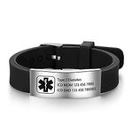 Free Engraving 9 Inches Silicone Adjustable Medical Bracelets Sport Emergency ID Bracelets For Men Women Kids Waterproof Stainless Steel Rubber Alert Bracelets (Black-1)