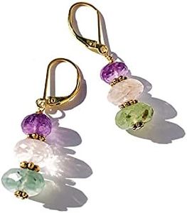 Joyfulmuze Amethyst Prehnite Rose Quartz Dangel Earrings, Handmade Natural Mixed Gemstones Green Pink Purple Gemstone, 18K Gold 925 Sterling Silver Jewelry, Birthday Gift for Women, Nickel Free 1.5" L