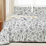 Black Floral Queen Size Comforter Set, Flower Botanical Sketch Pattern Print Beige Rustic Alternative Bed Sets - 90 x 90 3PC Soft Microfiber Vintage Farmhouse Bedding in a Bag for Women Men