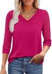 Womens 3/4 Sleeve Tops and Blouses V Neck Lace Sleeve Tunic Tops for Women Loose Fit Dressy Hot Pink XXL