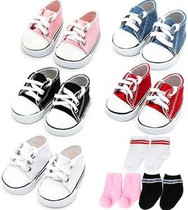 5 Pairs of Doll Shoes+3 Pairs of Socks, Doll Canvas Shoes for 18-Inch Dolls American Dolls Accessories Low-Top Doll Canvas Sneakers with Laces for 18 Inch Boy or Girl Dolls 18 Inch Doll Accessories