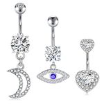 AceFun Silver Belly Button Bars Belly Button Rings Navel Piercing Stainless Steel Devil's Eye Moon Crystal Navel Rings Drop Pendant Piercing for Women