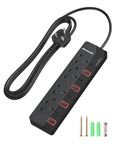 DEWENWILS 4 Way Extension Lead 3M with Individual Switches, Surge Protected Extension Cable with Indicator Lights, 13Amp 4 Gang Power Strip, Wall Mountable, Black
