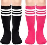 qikqik Toddler Soccer Socks Kids Soccer Socks Boys Girls Soccer Socks Youth Football Socks Striped Tube Socks Knee High, 2 Pack Hot Pink/White, Black/White, 3-6 Years