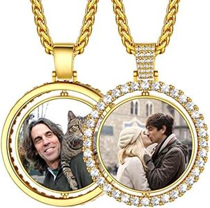 U7 Personalized Picture Necklace 18K Gold Plated Ice Out Round Medal Pendant Customized Photo on Both Side Keepsake Gift for Men Dad