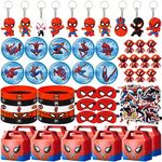 Spider Birthday Party Supplies,110Pcs Party Favors,Include 10 Button Pins,10 Finger Lights,10 Keychain,10 Spider Masks,50 Stickers and 10 Gift Boxes for Kids