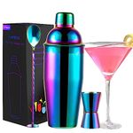 Safring 24oz Cocktail Shaker Bar Set, Martini Shaker with Built-in Strainer, Measuring Jigger, Mixing Spoon, Professional Stainless Steel Large Bartender Drink Shaker Margarita Alcohol Mixer-Rainbow