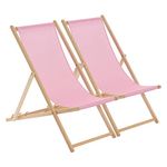 Harbour Housewares Folding Wooden Deck Chairs – Light Pink – Pack of 2 – Adults Traditional Foldable Reclining Outdoor Canvas Sun Lounger Chair Seat for Garden Patio, Beach, Camping