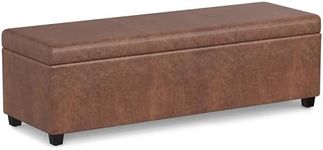 SIMPLIHOME Avalon 54 inch Wide Rectangle Extra Large Storage Ottoman Bench in Distressed Saddle Brown Vegan Faux Leather for The Living Room, Entryway and Family Room