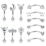 PATISORNA 12Pcs 16G Hypoallergenic Stainless Steel Curved Barbell Eyebrow Rings For Women Men Rook Daith Cartilage Earrings Labret Lip Monroe Rings CZ Petite Belly Button Ring 8mm