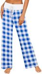 Ekouaer Women's Pajama Pants Wide Leg Yoga Pants Lounge Drawstring Pants Comfy Stretch Plaid Pj Bottoms Blue White Plaid M