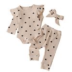 Newborn Baby Girl Clothes Infant Girl Heart Prints Outfits Long Sleeve Romper and Pants Clothing Sets Brown 1-3 Months