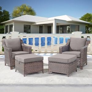Outdoor Wicker Chair Patio Chairs-Rattan Wicker Chairs with Ottomans Patio Conversation Sets for Porch Garden Balcony Backyard Poolside-Brown/Grey