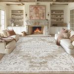 Area Rugs 9x12 Living Room: Lagre Vintage Living Room Rug with Non-Slip Backing Low Pile Rugs Soft Indoor Floor Thin Carpet Non Shedding Neutral Carpets for Bedroom Dining Room Farmhouse Nursery Beige