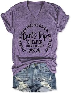 Girls Trip Cheaper Than Therapy Tshirt Women Funny Letter Print Short Sleeve V Neck T Shirt Summer Vacation Tees, Style1-purple, Medium