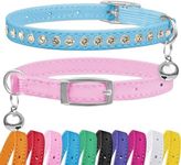 Petinstinct 2 Pack Cat Collars with Bells, Rhinestones Leather Cat Collar with Elastic Strap, Kitten Collar, Adjustable Diamond Cat Collar for Girl Boy, 7.5" - 11.5", Pink and Blue
