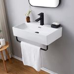 VCCUCINE 24"x14"Wall Mounted Bathroom Vessel Sink with Towel Rack,Wall Hung Porcelain Ceramic Sink,White Floating Rectangular Lavatory Vanity Small Bathroom Sink With Single Faucet Hole and Overflow