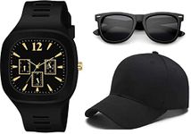 SELLORIA Black dial Square Shape Analog Silicon Strap Stylish Designer Black Cap Watch Kids with Black Sunglass for Boys [8-30 Years]