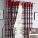 Portfolio Orleans Check Striped Fully Lined Eyelet Ring Top Curtains - Red 66" Wide x 54" Drop