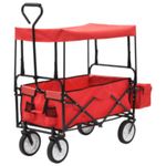 vidaXL Folding Hand Trolley with Canopy - Steel, Red, Garden Cart Wagon, 75 kg Load, 360° Wheels, Foldable