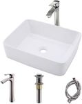 Rectangle Vessel Sink and Faucet Combo-Bokaiya 16x12 White Bathroom Sink above Counter Vessel Porcelain Ceramic Lavatory Vanity Sink Art Basin, Faucet Matching Pop Up Drain Combo