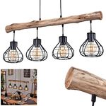 Gainesville Pendant Light, Hanging lamp Made of Metal/Wood in Black/Natural, 4-Light, 4 x E27, Pendant Light with Wooden Beam in Lattice Look in Vintage Design, max. Height 122 cm, Without Bulbs