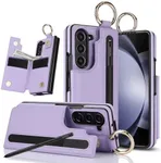 XIMAND for Samsung Galaxy Z Fold 5 Wallet Case with S-Pen Holder and Credit Card Holder, Cash Slot, Premium Leather Magnetic Clasp Kickstand Heavy Duty Ring Protective Cover.(Purple)