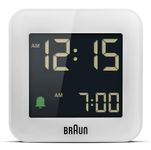 Braun Digital Travel Alarm Clock with Snooze, Compact Size, Negative LCD Display, Quick Set,Crescendo Beep Alarm in White, model BC08W.