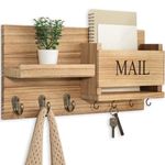 Lwenki Mail Organizer for Wall Mount – Key Holder with Shelf Includes Letter Holder and Hooks for Hallway Farmhouse Decor – Rustic Wood with Flush Mounting Hardware (16.5” x 9.1” x 3.4”) (Wood)