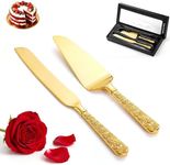 Dicunoy 2 PCS Gold Cake Knife and Server Set, Wedding Cake Cutting Utensils, Vintage Engraved Cake Cutter and Serving Spatula for Birthday, Party, Anniversary
