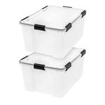 IRIS USA 59.4 L (62.8 US Qt) WEATHERPRO Plastic Storage Box with Durable Lid and Seal and Secure Latching Buckles, 2 Pack, Keep Dust and Moisture Out, Clear/Black