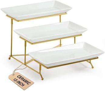 LAUCHUH 3 Tier Serving Stand Porcelain Serving Platter Tier Serving Trays with Collapsible Sturdier Rack, Serving Dishes and Platters for Thanksgiving, Christmas, Entertaining, Gold, 12 Inch