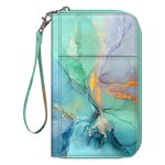 FINTIE Passport Holder Travel Wallet for Family 4-6, RFID Blocking Travel Document Organizer Clutch Bag for Passports, Business Cards, Credit Cards, Boarding Passes, Emerald Marble
