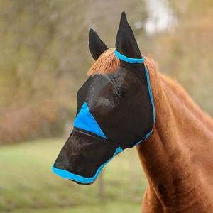Hilltown Horse Fly Mask with Nose Cover - Large Eye Space, Full Face UV-Block, Breathable Fabric, Adjustable Fit, Durable & Polar Fleece Trim, Horse Fly Mask for Hot or Bug-Heavy Areas - X-Full, Blue