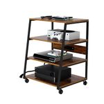 SRIWATANA 4-Tier AV Media Stand with Wheels Wooden Shelves with Charge Station Stereo Component Cabinet Storage Rack Audio Tower Corner Entertainment Center for Xbox One/Record Player/Apple TV/ps4