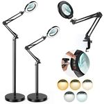 10X Magnifying Glass with Light and Stand, Drdefi 3-in-1 Adjustable Swing Arm Magnifying Floor Lamp, 5 Color Modes Stepless Dimmable LED Lighted Magnifier Lamp with Clamp for Craft Reading Close Works