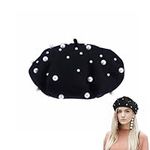 BESTOYARD Beret Pearl Autumn Winter Cashmere Beret Starry Beaded Pearl Rivet Wool Beret (Black)