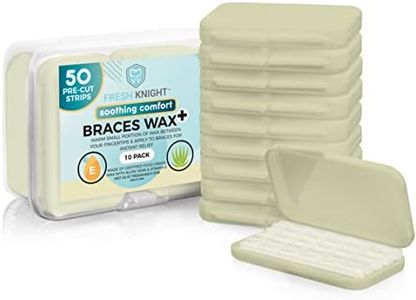 Braces Wax,10 Pack. Dental Wax for Braces & Aligners - 50 Premium Orthodontic Wax Strips, Wax for Teeth, Vitamin E + Aloe. Includes storage case. Food Grade. Fresh Knight. (Vitamin E + Aloe Vera)