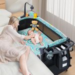 CoziBB Baby Bassinet Bedside Crib 5 in 1 with Detachable Changing Table, Pack and Play with Mattress, Storage, Music and 3 Adjustable Height, Portable Large Playard for Newborn Baby