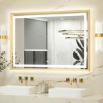 Keonjinn Gold Bathroom Mirror with Led Lights 120x80cm, Antifog Vanity Mirror Gold Frame Back and Front Lit 3 Colour Dimmable Illuminated Wall Mounted Rectangle Digital Mirrors