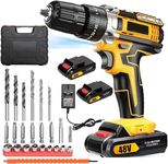 VINNYSEN 48V Cordless Drill, 3/8 Inch Power Drill Set with 2 Lithium Ion Battery and Charger, Electric Drill with Variable Speed, 24-Pieces Drill/Driver Accessories Kit (Yellow01)