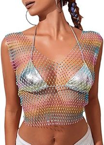 Womens Sexy Shiny Rhinestone Rainbow Mesh Summer Crop Top Stretchy Hollow Out Color Block Bikini Tank Top(RB-S)