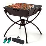 TANGZON Portable Camping BBQ Grill, 3-in-1 Foldable Outdoor Charcoal Barbeque Smoker with Stainless Steel, Aluminum Legs, Zinc Iron Alloy Board, Outdoor Fire Pit for Bonfire Cooking (Black + Coffee)