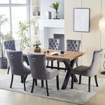 HomeTouch Lux Velvet Dining Chairs Set of 6 Upholstered Knocker Wing Back Kitchen Dining Room Chair with Oak Legs, Hand Made (Grey)