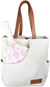 Picklefab Cute Pickleball Bags for Women | Canvas & Vegan Leather Pickle Ball Tote Bag with Cover Pockets for 4 Paddles | 15"x12"x5" Medium Tote Bag with Paddle Pocket & Fence Hook