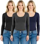 Emmalise Women's Junior and Plus Size Basic Scoop Neck Tshirt Long Sleeve Tee, 1xl, 3Pk Black, Charcoal, Navy