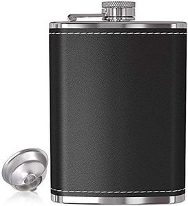 Hip Flask for Liquor 8 Oz with Funnel - Leak Proof Food Grade 18/8 Stainless Steel - Black Leather Cover for Discrete Pocket Shot Drinking of Whiskey, Rum and Vodka | Ideal Gift for Men